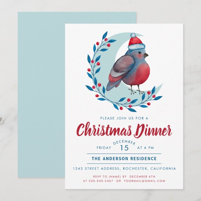 Invitation Aquarelle Oiseau sur la lune Soirée de Noël (Devant / Derrière)