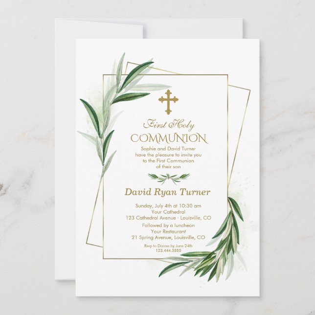 Invitation Aquarelle Olive Feuille Gold First Holy Communion (Devant)