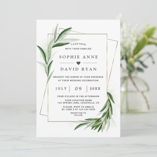 Invitation Aquarelle Olive Feuille Gold Frame Mariage Invitat (Debout devant)