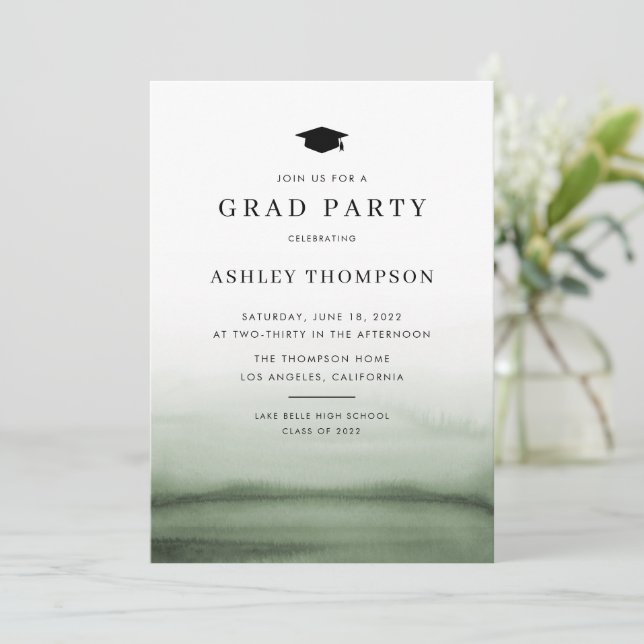 Invitation Aquarelle Ombre Vert Parti Moderne Graduation (Debout devant)