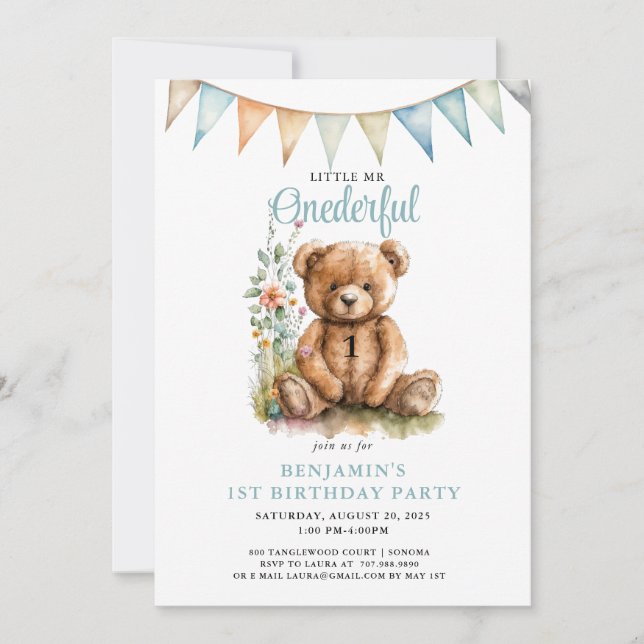 Invitation Aquarelle Onederful Teddy Bear Boy 1er anniversair (Devant)