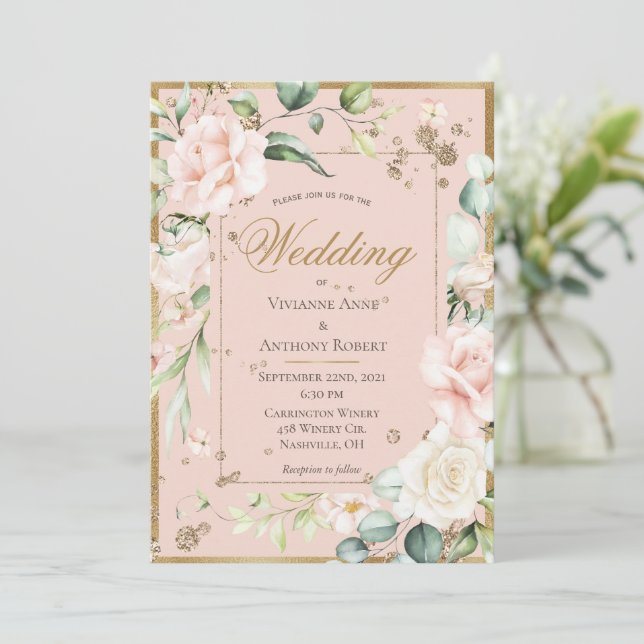 Invitation Aquarelle or Blush Mariage floral romantique Invi (Debout devant)