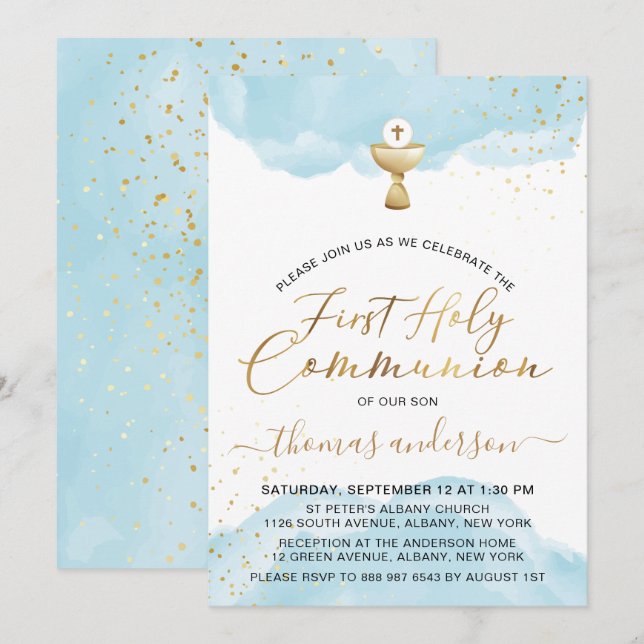 Invitation Aquarelle or et bleu 1ère sainte communion (Devant / Derrière)