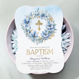 Invitation Aquarelle or et bleu Floral Photo Boy Baptême