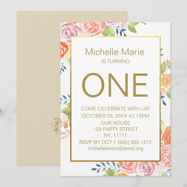 Invitation Aquarelle or Floral Premier anniversaire (Devant / Derrière)