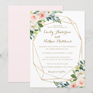 Invitation Aquarelle Or Géométrique Blush Floral Mariage