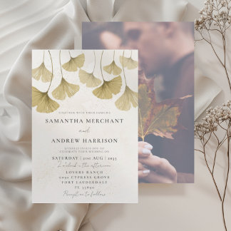 Invitation Aquarelle or moderne Mariage feuille Ginkgo