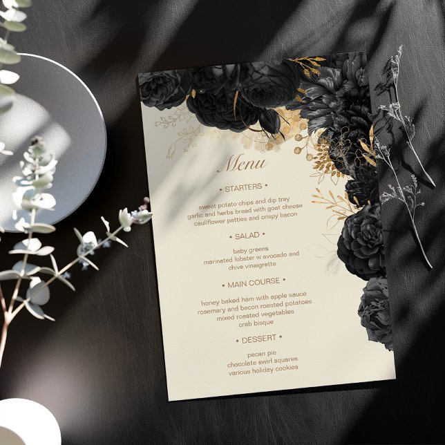 Invitation Aquarelle or noir Rose menu Mariage (Créateur téléchargé)