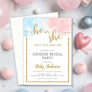 Invitation Aquarelle Or Parties scintillant Sexe Révélation