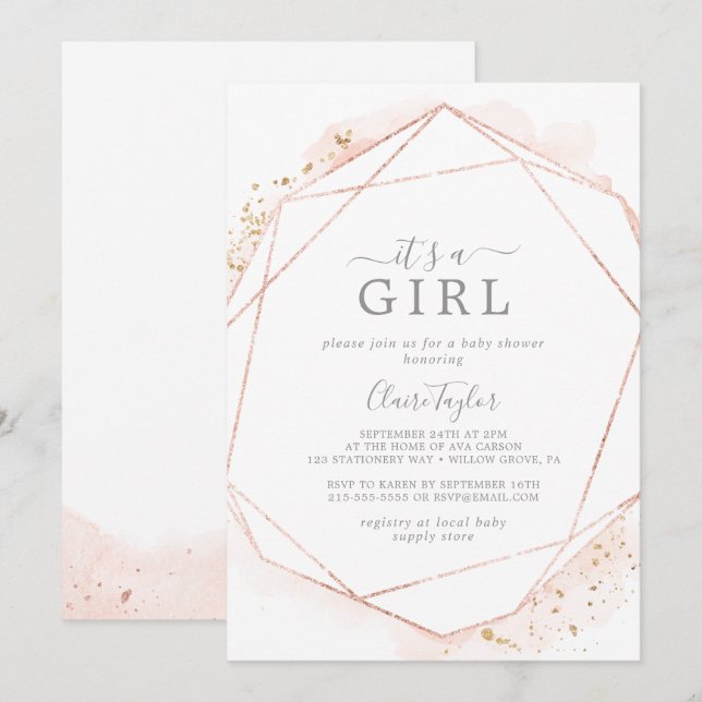 Invitation Aquarelle or rose C'est un Baby shower fille (Devant / Derrière)