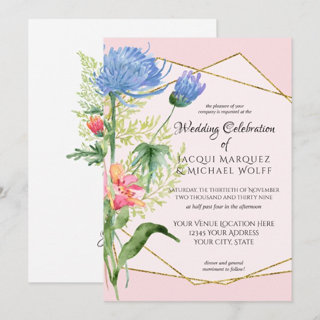 Invitation Aquarelle or rose pâle Mariage floral moderne (Devant / Derrière)