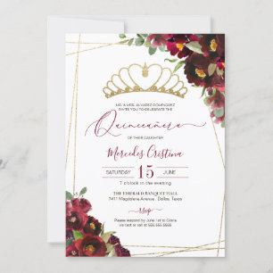 Invitation Aquarelle or rouge Bourgogne Floral Quinceañera