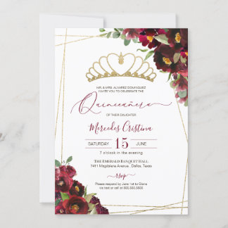 Invitation Aquarelle or rouge Bourgogne Floral Quinceañera