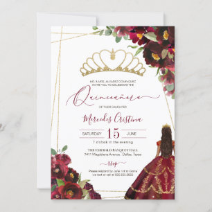 Invitation Aquarelle or rouge Bourgogne Floral Quinceañera In