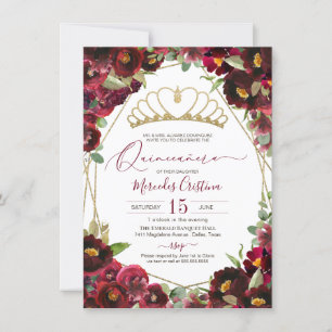 Invitation Aquarelle or rouge Bourgogne Floral Quinceañera In