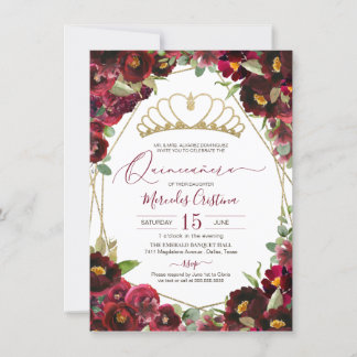Invitation Aquarelle or rouge Bourgogne Floral Quinceañera In