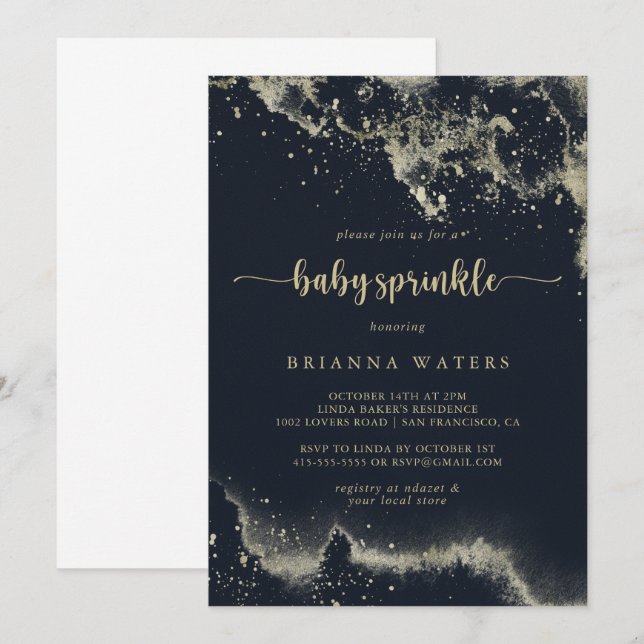 Invitation Aquarelle Or Splash Calligraphie Baby Sprinkel (Devant / Derrière)