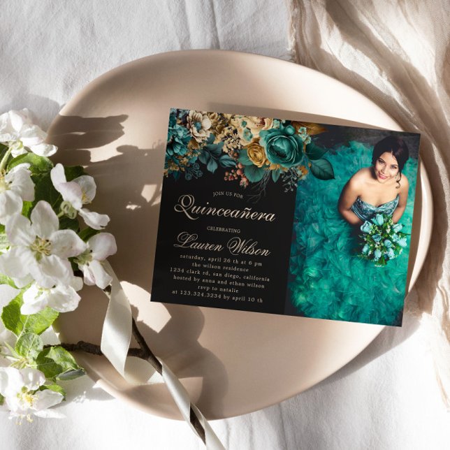Invitation Aquarelle Or Vert Floral Quinceanera Photo (Créateur téléchargé)