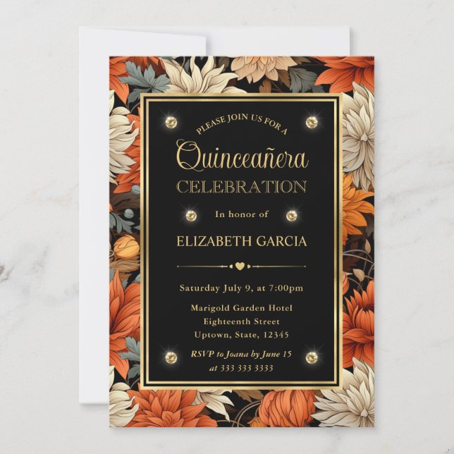 Invitation Aquarelle Orange Brown Feuilles Quinceanera (Devant)