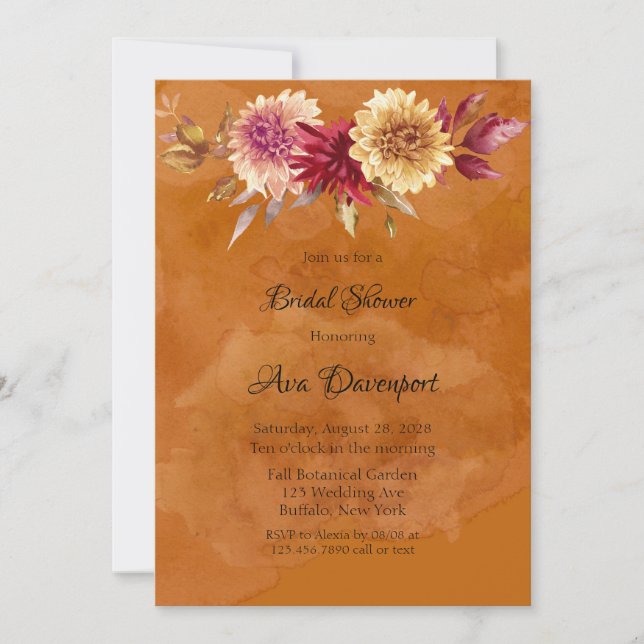 Invitation Aquarelle orange brûlée Fête des mariées Dahlia (Devant)