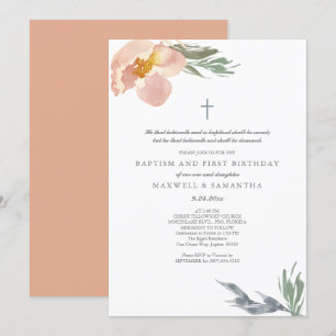 Invitation Aquarelle orange brûlée Florales Jumeaux Baptême