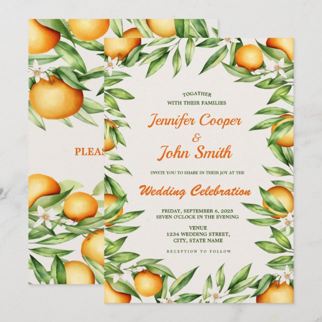 Invitation Aquarelle Orange Citrus Fruit Mariage botanique (Devant / Derrière)