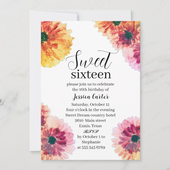 Invitation Aquarelle Orange Dahlia Daisy Sweet 16 Seize (Devant)