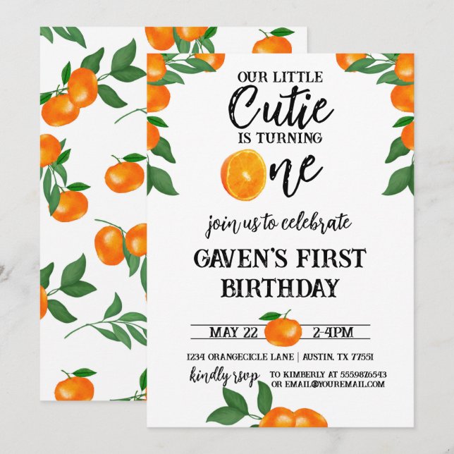 Invitation Aquarelle orange d'anniversaire Little Cutie (Devant / Derrière)