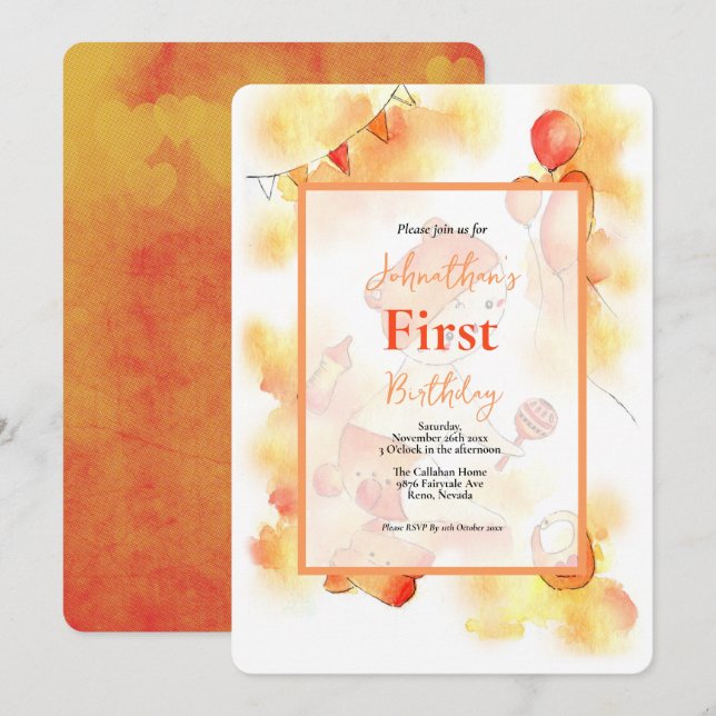 Invitation Aquarelle orange de premier anniversaire mignonne  (Devant / Derrière)