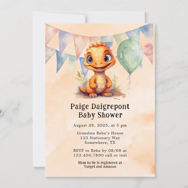 Invitation Aquarelle Orange Dinosaur Baby shower garçon (Devant)