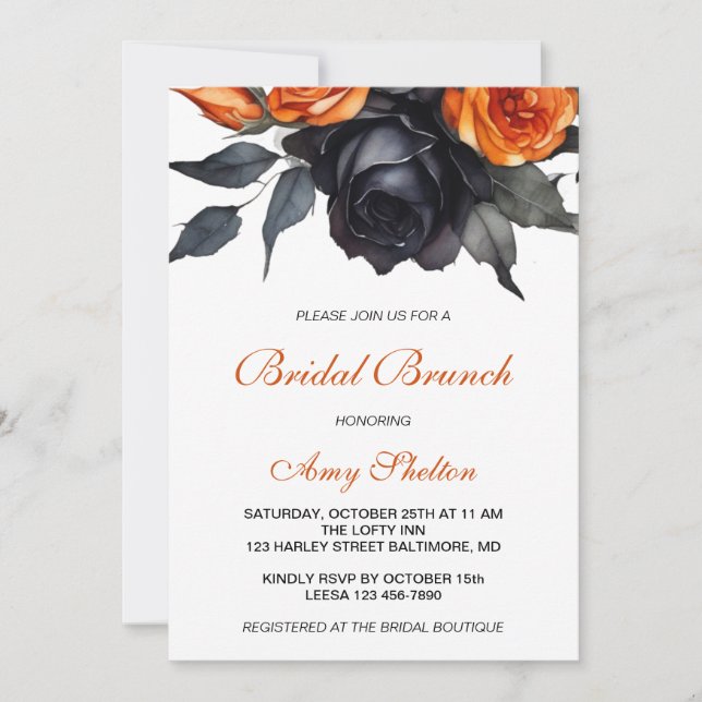 Invitation Aquarelle orange et noire Brunch nuptial floral (Devant)
