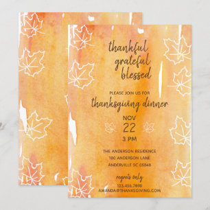 Invitation Aquarelle orange Feuille d'érable Thankgiving Dine