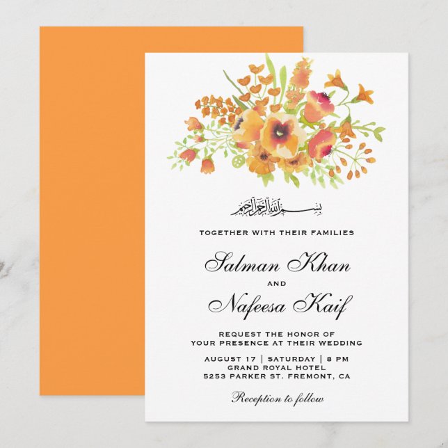 Invitation Aquarelle orange Floral Mariage musulman islamique (Devant / Derrière)