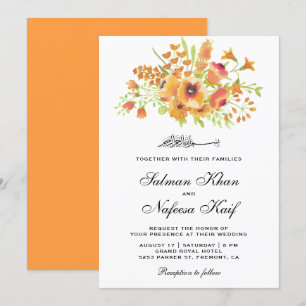 Invitation Aquarelle orange Floral Mariage musulman islamique