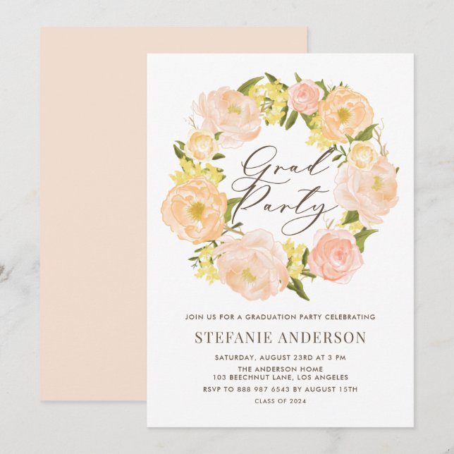 Invitation Aquarelle Orange Peony Fête de Graduation (Devant / Derrière)