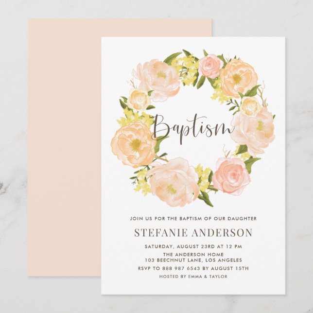 Invitation Aquarelle Orange Peony Wreath Baptême (Devant / Derrière)