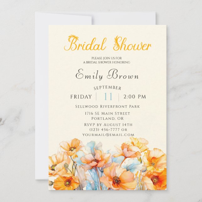 Invitation Aquarelle Orange Poppy Bloom douche nuptiale (Devant)