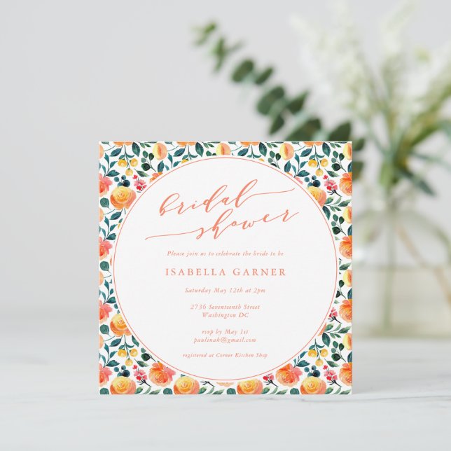 Invitation Aquarelle orange rustique Fête des mariées florale (Debout devant)