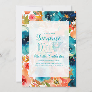 Invitation Aquarelle orange turquoise Florale 100e anniversai