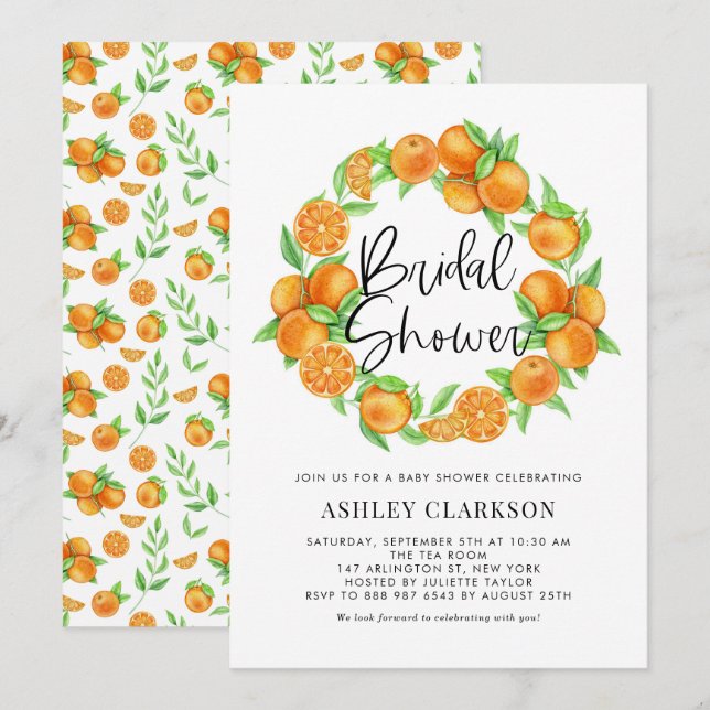 Invitation Aquarelle Oranges Wreath Fête des mariées d'été (Devant / Derrière)
