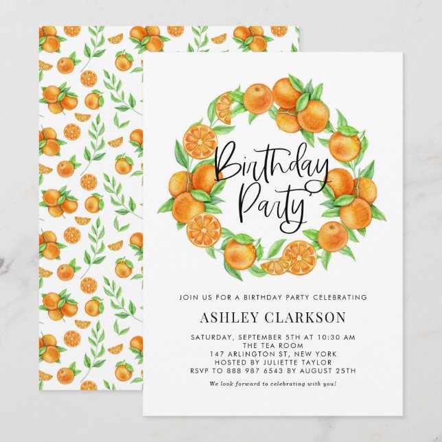 Invitation Aquarelle Oranges Wreath fête d'été (Devant / Derrière)