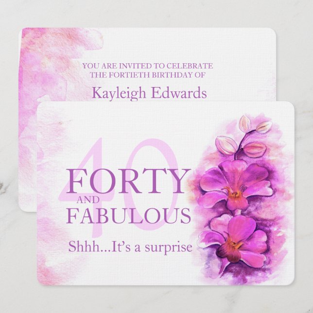 Invitation Aquarelle orchidée violet quarante et fabuleux (Devant / Derrière)