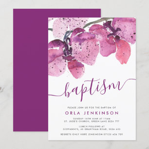 Invitation Aquarelle Orchidées Baptême pourpre