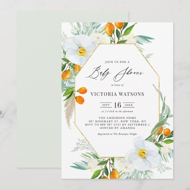 Invitation Aquarelle Orchidées et Baby shower de cadre Kumqua (Devant / Derrière)