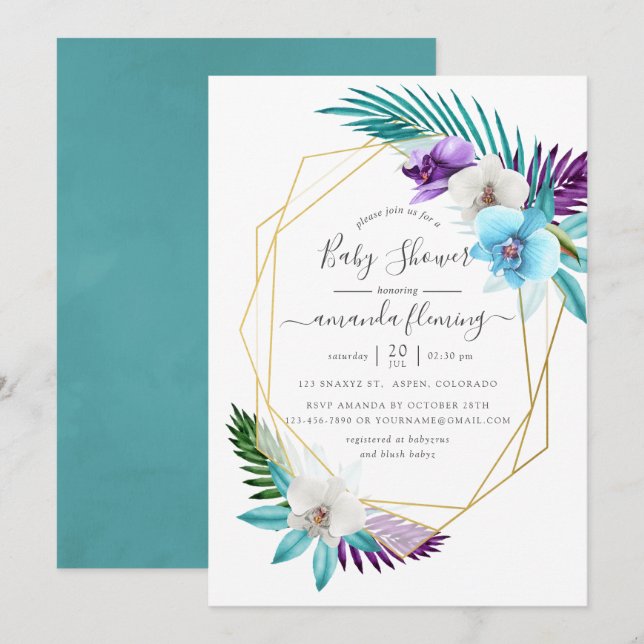 Invitation Aquarelle Orchidées tropicales Baby shower géométr (Devant / Derrière)