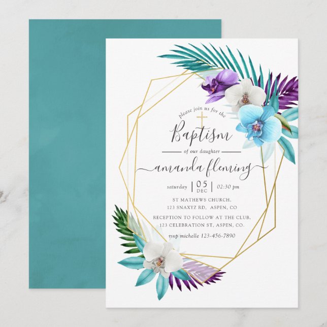 Invitation Aquarelle Orchidées tropicales Baptême géométrique (Devant / Derrière)