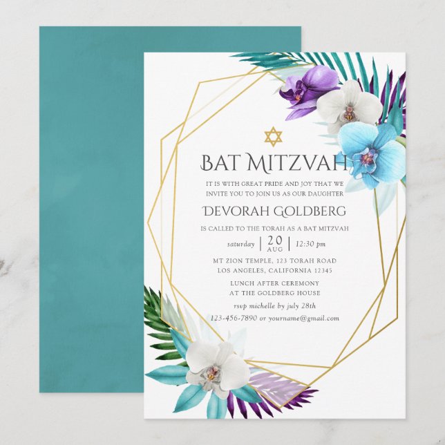Invitation Aquarelle Orchidées tropicales Bat mitzvah géométr (Devant / Derrière)