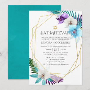Invitation Aquarelle Orchidées tropicales Bat mitzvah géométr