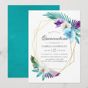 Invitation Aquarelle Orchidées Tropicales Géométrique Quincea