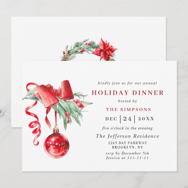 Invitation Aquarelle ornement NOËL DÎNER DE VACANCES (Devant / Derrière)